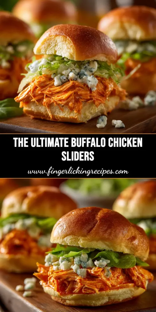 A tray of delicious Buffalo Chicken Sliders, baked to a golden brown and ready to be served for game day. The cheese is melted perfectly over the spicy chicken.