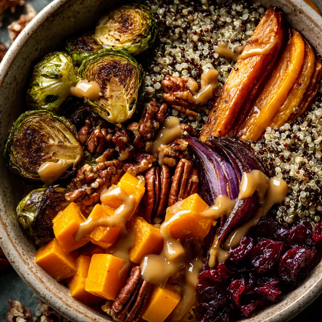 Autumn Quinoa Bowl with Maple-Tahini Dressing 2 A close-up view of the butternut squash quinoa bowl, showing the creamy maple-tahini dressing being drizzled on top.