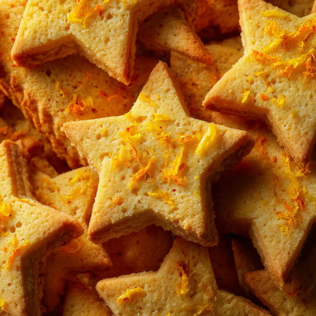 A pile of golden-brown, buttery shortbread cookies flavored with orange and cardamom, ready to be served.
