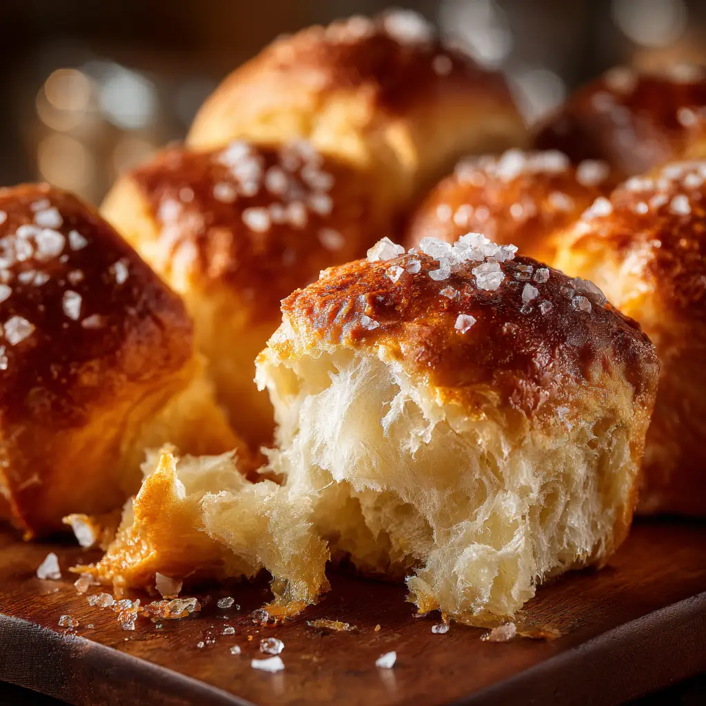 A batch of buttery dinner rolls fresh from the oven in a baking pan. One roll is being lifted, showing the pull-apart connections between them.
