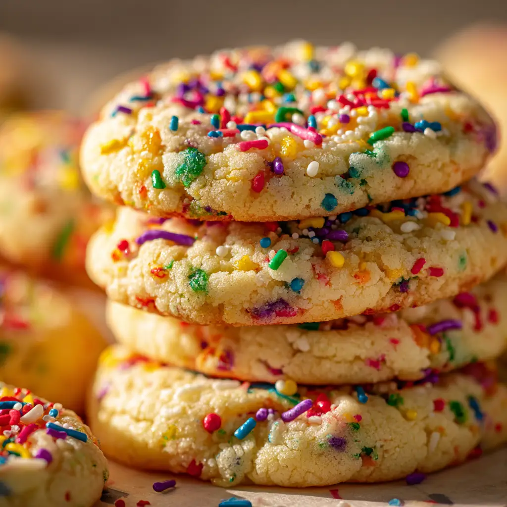 Funfetti Cake Batter Cookies (Soft & Chewy Recipe!) 2 A beautiful arrangement of cake batter sprinkle cookies on a cooling rack, ready for a party.