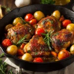 A close-up shot of golden-brown cheesy chicken bites sizzling in a rustic cast iron skillet, ready to be served as an easy weeknight dinner for kids.