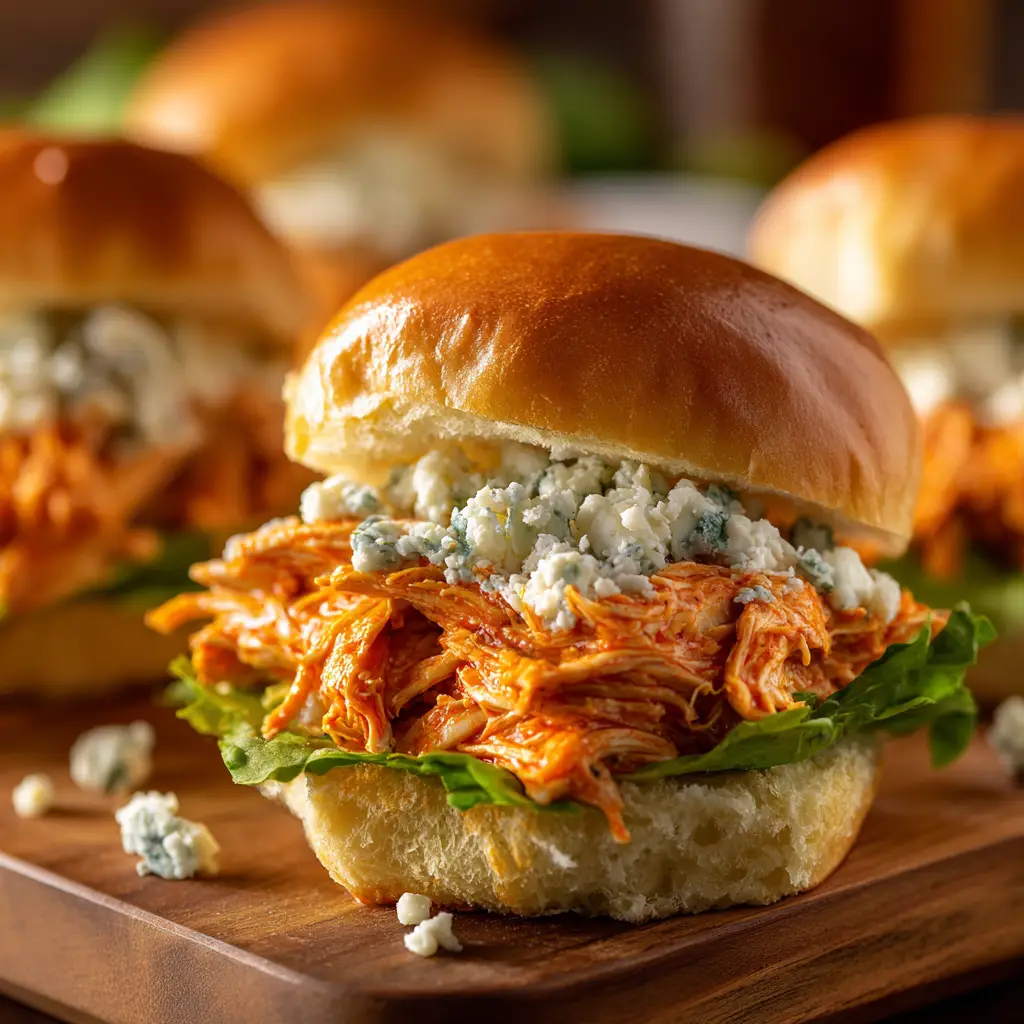 A hand holding a warm buffalo chicken slider, pulling it away from the others in the baking dish to reveal a satisfying cheese pull.