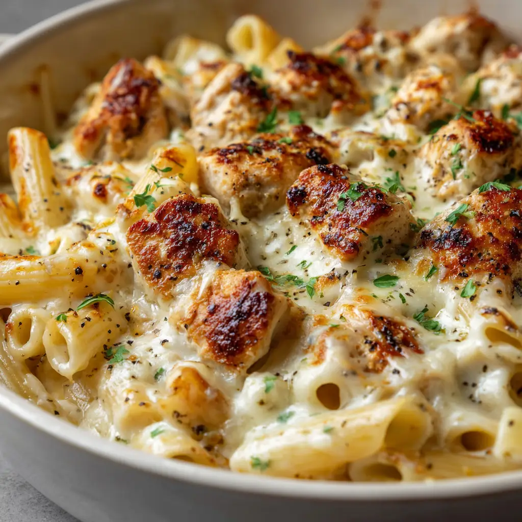 A serving of the cheesy chicken pasta bake on a plate, showing the melted mozzarella and creamy interior.