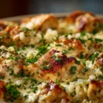 Chicken and Rice Casserole (Creamy, Cheesy & Easy!) A close-up spoonful of cheesy chicken and rice bake, showing the creamy texture and pieces of tender chicken and peas.