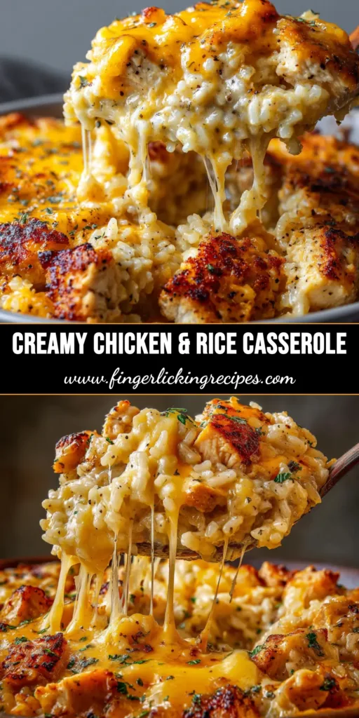 Cheesy Chicken and Rice Casserole: The Ultimate Comfort Meal 4 A top-down view of a freshly baked Cheesy Chicken and Rice Casserole in a white baking dish, showing a golden brown crust.