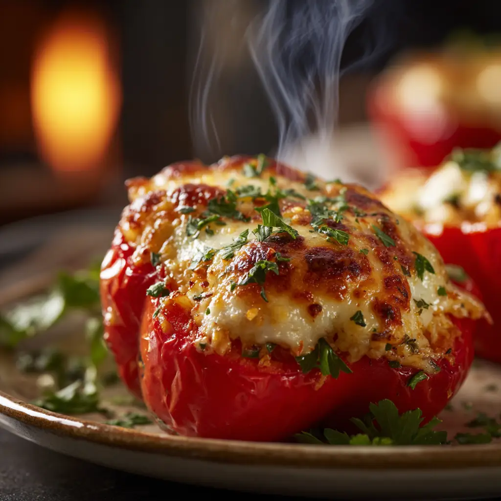 Chicken Stuffed Peppers (Easy, Cheesy Recipe!) 3 A close-up view of a single chicken stuffed pepper, showing the savory chicken and rice filling and bubbly melted cheese.