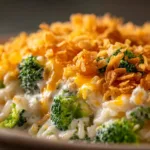A close-up macro shot of the cheesy chicken broccoli rice bake, highlighting the melted cheddar cheese and tender broccoli florets.