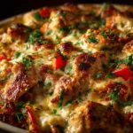 Chicken Fajita Casserole (The Easiest, Cheesy Bake!) A close-up scoop of cheesy chicken fajita bake on a spatula, showing the layers of chicken, peppers, and melted cheese.