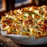 A close-up shot of a scoop of cheesy chicken pasta casserole on a plate, showing the creamy texture and golden-brown cheese topping.