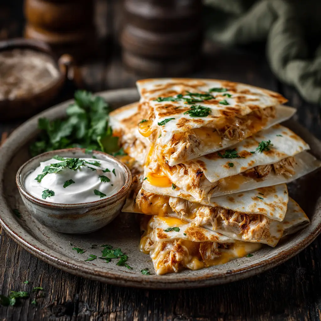 Kid-Friendly Chicken Quesadillas: An Easy Weeknight Win 3 A close-up shot of a cheesy chicken quesadilla being pulled apart, showing a satisfying cheese pull. A great visual for an easy weeknight dinner recipe.