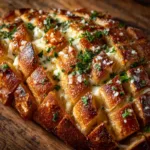 A close-up shot of a hand pulling a piece of cheesy garlic bread from the football-shaped loaf, showing a satisfying cheese pull.