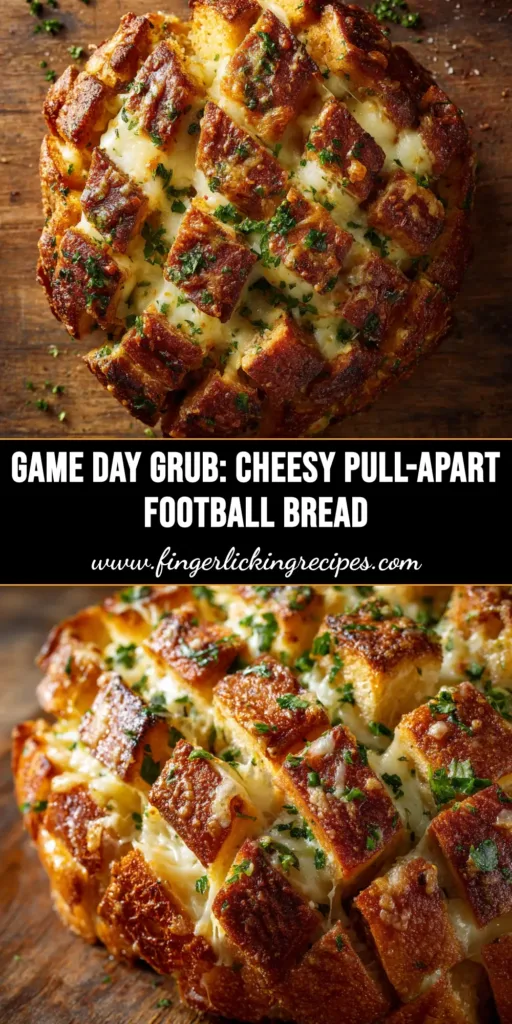 An overhead shot of cheesy pull-apart garlic football bread on a platter, ready for a game day party. The bread is golden brown with cheese bubbling on top.