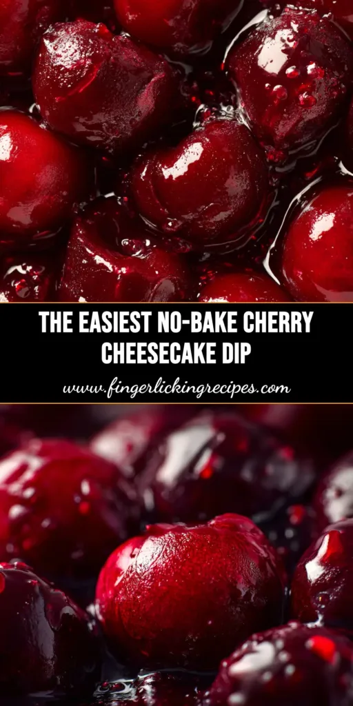 Cherry Cheesecake Dip (The Easiest 5-Minute Recipe!) 5 A shareable pin image showing a bowl of creamy cherry cheesecake dip surrounded by graham crackers and pretzels, ready for dipping.