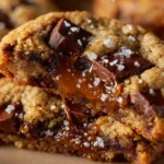 A macro close-up shot of a chewy brown butter toffee cookie, showing the melted chocolate pools and crunchy toffee bits in detail.