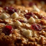 A close-up macro shot of a single white chocolate cranberry oatmeal cookie, highlighting its chewy texture and the melted white chocolate chips.