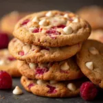 Raspberry White Chocolate Cookies (The Ultimate Chewy Recipe) A close-up shot of freshly baked raspberry white chocolate cookies, highlighting their soft and chewy texture.
