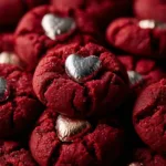 Red Velvet Blossom Cookies: The Ultimate Chewy Recipe An extreme close-up of freshly baked chewy red velvet cookies before the chocolate kiss is added, showing their cracked, sugary surface.
