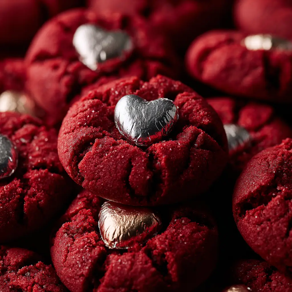 Red Velvet Blossom Cookies: The Ultimate Chewy Recipe 3 An extreme close-up of freshly baked chewy red velvet cookies before the chocolate kiss is added, showing their cracked, sugary surface.