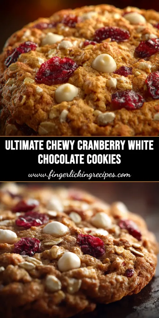 Chewy White Chocolate Cranberry Oatmeal Cookies 5 A stack of chewy white chocolate cranberry oatmeal cookies on a cooling rack, with one cookie broken in half to show the soft, chewy interior filled with white chocolate chips and cranberries.