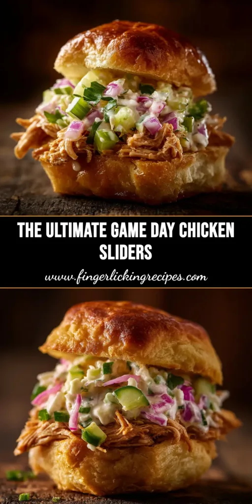 A shareable pin image showing golden brown chicken & biscuit sliders arranged in a baking dish, with a text overlay for Pinterest.