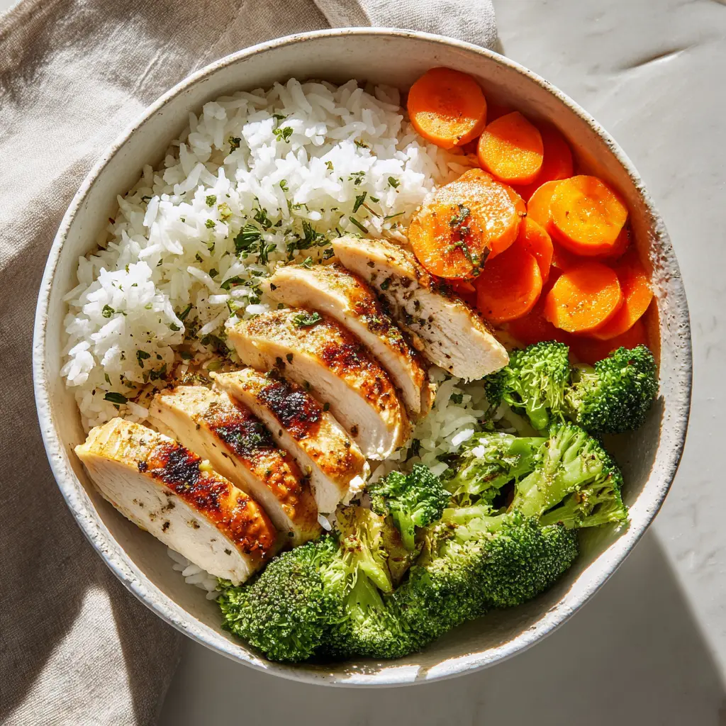 Chicken and Veggie Rice Bowl (with a Secret Sauce!) 2 A beautiful arrangement of all the fresh ingredients for the chicken and veggie rice bowl, including cubed chicken, broccoli, carrots, and sauce components.