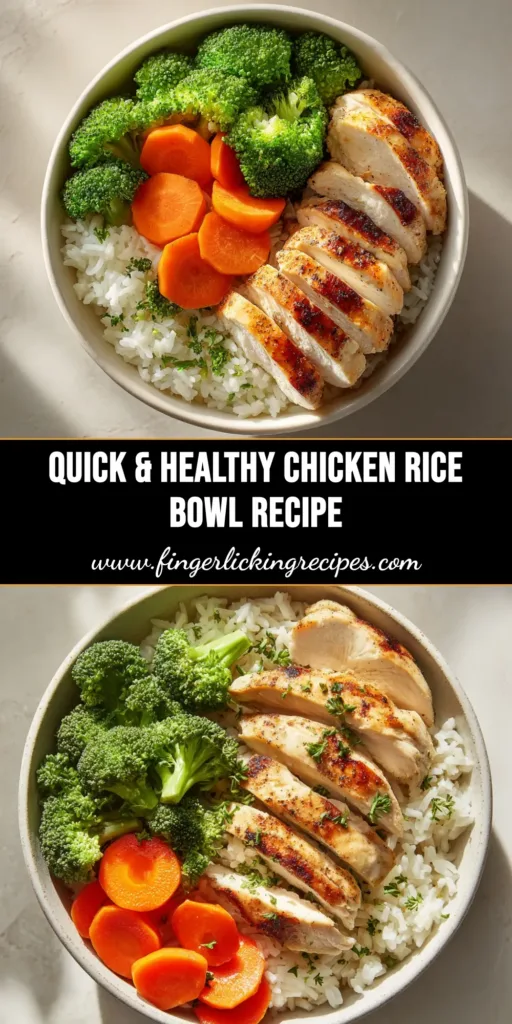 Chicken and Veggie Rice Bowl (with a Secret Sauce!) 5 An overhead shot of a delicious Chicken and Veggie Rice Bowl in a white bowl. The bowl is filled with fluffy rice, tender chicken, broccoli, and carrots, all coated in a savory sauce and garnished with sesame seeds.