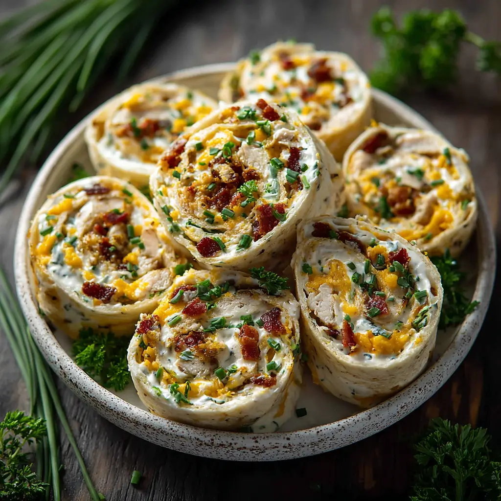 Chicken Ranch Roll-Ups (The Ultimate 10-Minute Appetizer) 2 A close-up shot of several chicken bacon ranch pinwheels showing the texture of the filling.