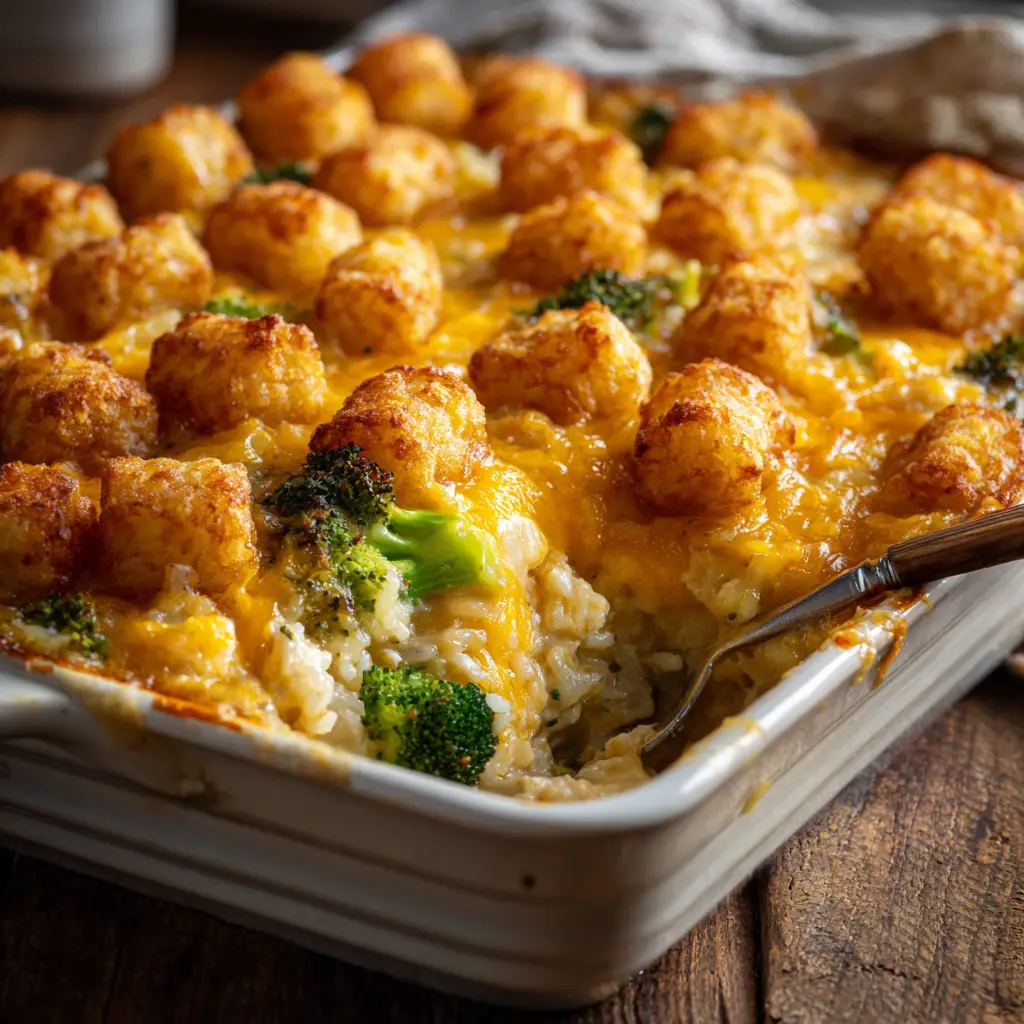 The uncooked chicken broccoli rice casserole mixture being stirred in a large pot, showing the vibrant green broccoli and rich cheese sauce.