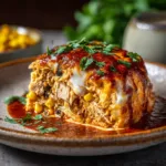 Chicken Burrito Casserole (Easy Weeknight Recipe) All the ingredients for the Mexican chicken casserole laid out, including shredded chicken, black beans, corn, and enchilada sauce.