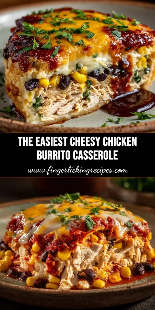 Chicken Burrito Casserole (Easy Weeknight Recipe) 4 A delicious Chicken Burrito Casserole in a white baking dish, topped with fresh cilantro and a lime wedge, ready to be served.