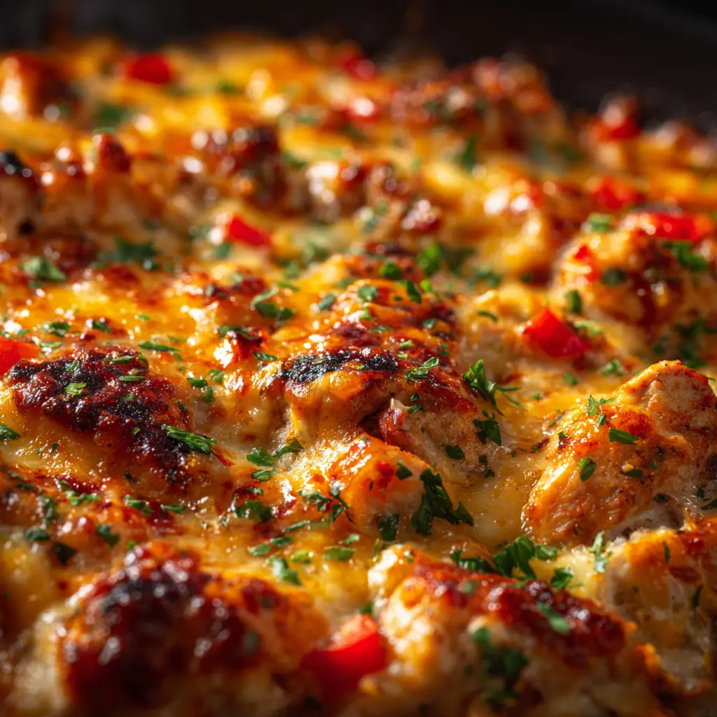 The ingredients for the chicken fajita casserole arranged before cooking, including chicken, bell peppers, onion, and cheese.