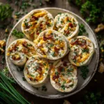 Chicken Ranch Roll-Ups (The Ultimate 10-Minute Appetizer) An overhead view of Chicken Ranch Roll-Ups sliced and arranged neatly on a serving platter.