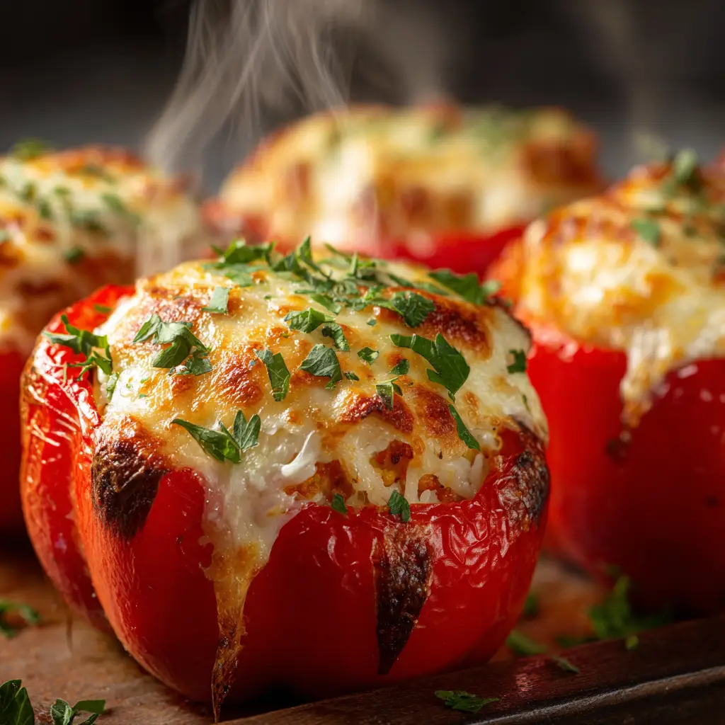 Chicken Stuffed Peppers (Easy, Cheesy Recipe!) 2 The savory chicken and rice filling for stuffed peppers being mixed in a skillet.