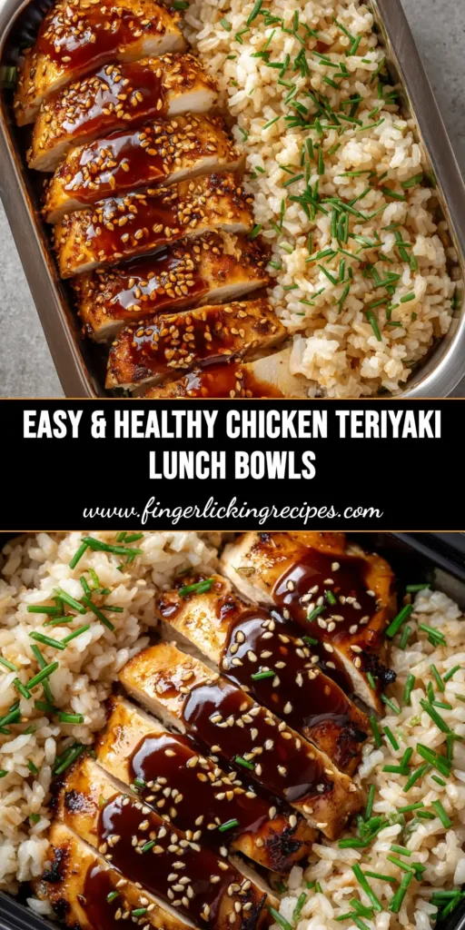 Chicken Teriyaki Meal Prep (Easy & Healthy) 5 An overhead shot of four chicken teriyaki meal prep containers with chicken, broccoli, and rice, ready for the week.