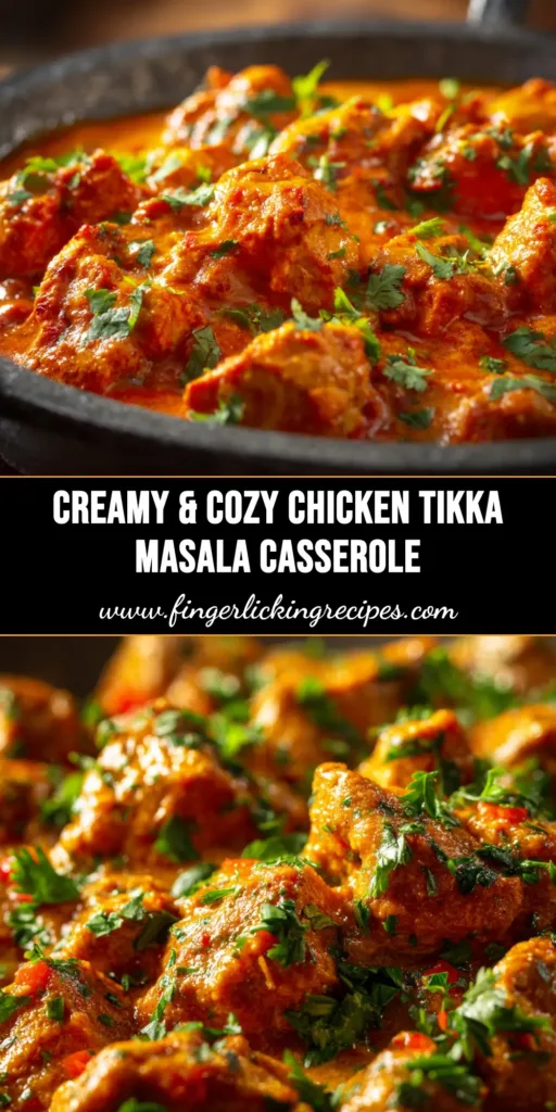 An overhead shot of a freshly baked Chicken Tikka Masala Casserole in a white baking dish, with melted cheese and a garnish of fresh cilantro.