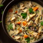 Creamy Chicken and Wild Rice Soup (Better Than Panera!) Ingredients for chicken and wild rice soup laid out on a wooden surface, including diced carrots, celery, onion, chicken broth, and a bowl of wild rice.