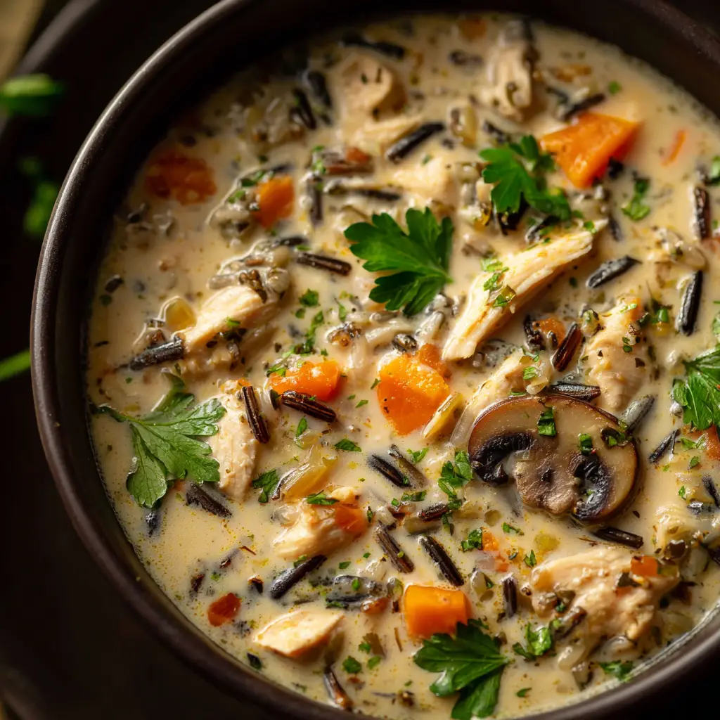 Creamy Chicken and Wild Rice Soup (Better Than Panera!) 3 Ingredients for chicken and wild rice soup laid out on a wooden surface, including diced carrots, celery, onion, chicken broth, and a bowl of wild rice.