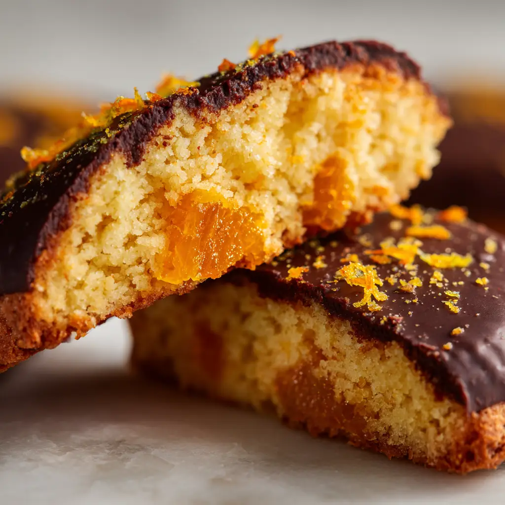A baked chocolate orange shortbread cookie with a piece broken off, showcasing the perfect melt-in-your-mouth interior.