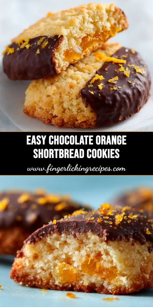 A stack of Chocolate Orange Shortbread Cookies on a plate, with one broken in half to show the crumbly texture. The cookies are dipped in dark chocolate with orange zest sprinkled on top.