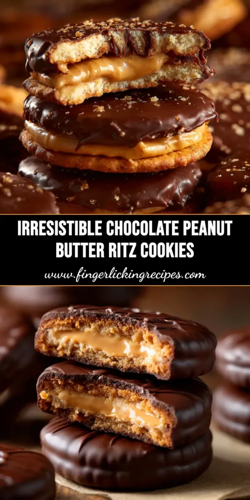 A close-up of Chocolate Peanut Butter Ritz Sandwiches. Several chocolate-dipped crackers are stacked on a white plate, ready to be served as an easy no-bake dessert.