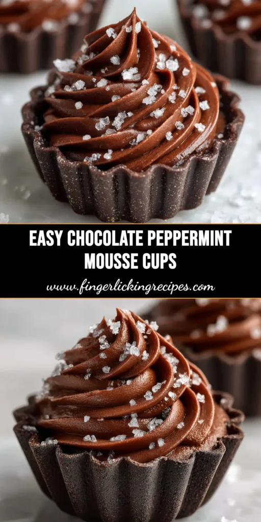 An overhead shot of several Chocolate Peppermint Mousse Cups arranged on a festive holiday background, topped with whipped cream and crushed candy canes.