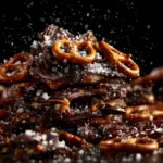 A macro close-up shot of a single piece of chocolate pretzel bark, showing the crunchy texture and a sprinkle of sea salt.