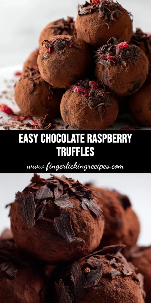 A plate of rich, dark chocolate raspberry truffles coated in cocoa powder, with fresh raspberries scattered nearby. The perfect no-bake dessert recipe.