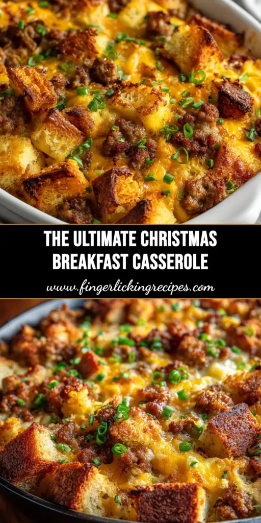 Christmas Breakfast Casserole (The Ultimate Make-Ahead Recipe) 4 An overhead shot of a golden-brown Christmas Breakfast Casserole in a festive baking dish, ready to be served for a holiday meal.