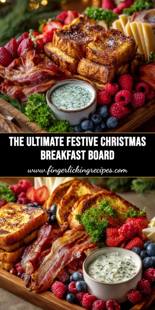 A beautiful and festive Christmas breakfast charcuterie board filled with pancakes, bacon, sausage, fresh berries, and dips, arranged on a wooden board.