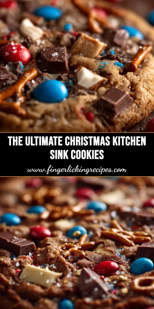 A festive platter of Christmas Kitchen Sink Cookies packed with pretzels, chocolate, and sprinkles, ready for a holiday party.