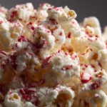 A close-up view of Christmas popcorn clusters, showing the texture of the creamy white chocolate and crushed candy canes.
