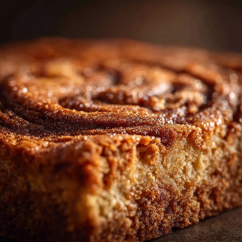 A freshly baked slab of brown sugar cinnamon blondies in a baking pan, with a visible cinnamon swirl.