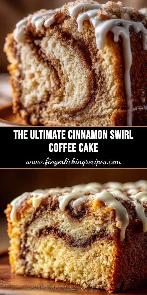 A beautiful overhead shot of a glazed Cinnamon Swirl Coffee Cake in a baking pan, with one slice cut out to show the thick cinnamon ribbon inside.